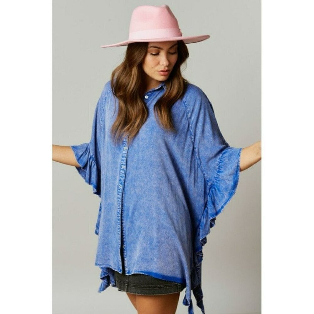 Time Flies Acid Washed Ruffled Shirt in Royal Blue - Picture 5 of 8